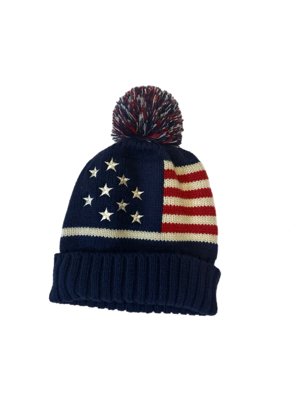 American Flag Acrylic Knit Pom Beanie Red White Blue Unisex